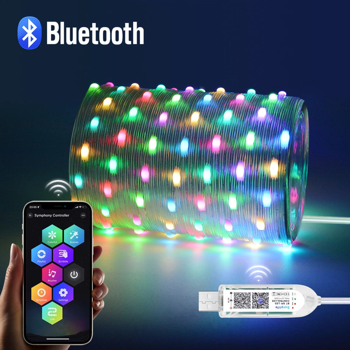 Smart RGBIC LED Strip Light, Bluetooth, USB, 20m, Waterproof, String Light, Room, Outdoor, Garden, Fairy Lights, DIY Decoration
