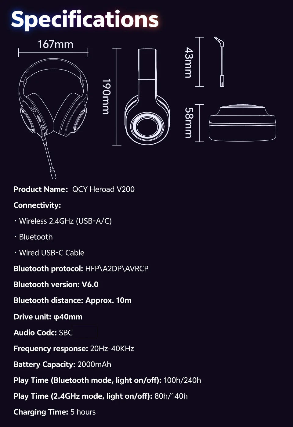 QCY Heroad V200 Gaming Headset Bluetooth 6.0 with Mic 50mm Driver 7.1 Surround Sound RGB Over Ear Headphones for PC Laptop PS4/5