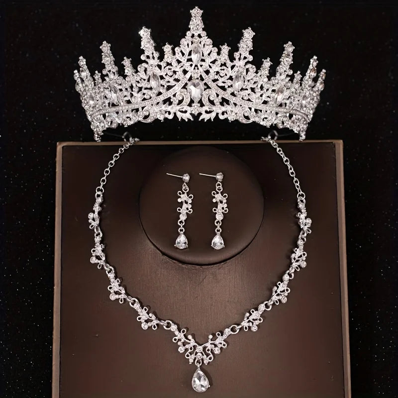 Bridal Headwear Luxury Silver-Color Crystal Water Drop Rhinestone Tiara Necklace Earrings Wedding 4 Pcs Jewelry Set