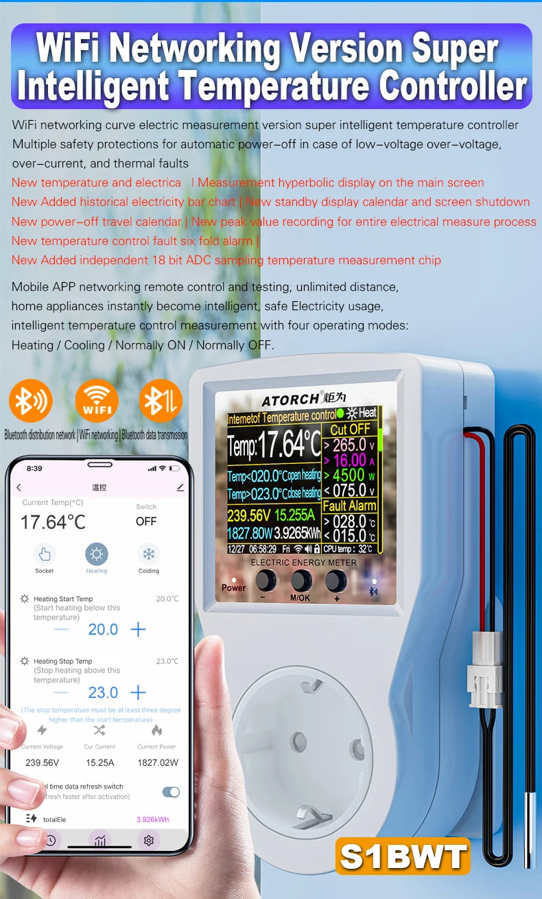 Tuya Wi-Fi Smart Thermostat Socket Outlet Plug Remote Temperature Controller Timer Switch Heating Cooling 3M NTC Sensor 16A