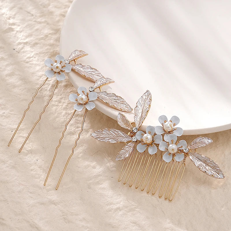 Luxury Pearls Wedding Flower Hair Comb Bride Hair Pins Clips Set Cute Hair Fork Headpieces for Women Jewelry Gift Hair Accessory
