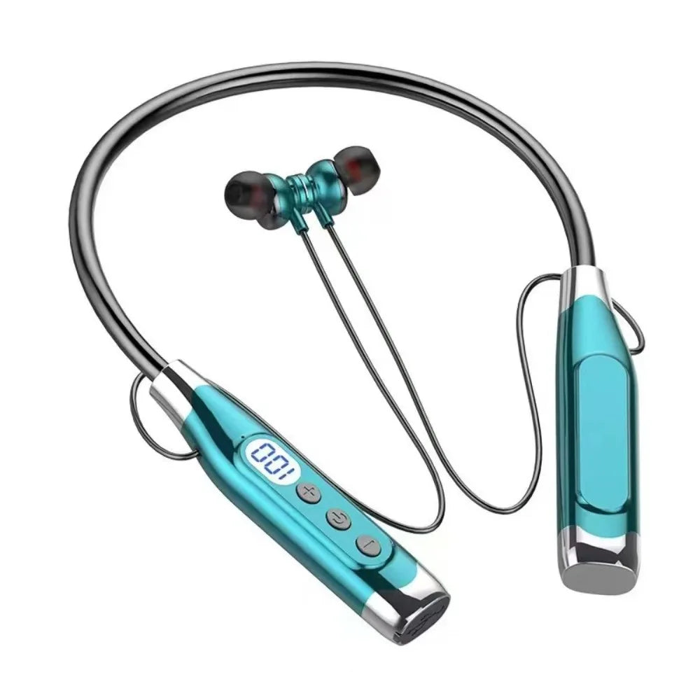 LED Digital Display Neckband Headphones Waterptoof 3D Stereo Wireless Bluetooth Earphones Mega Bass Neck-mounted Sports Headsets