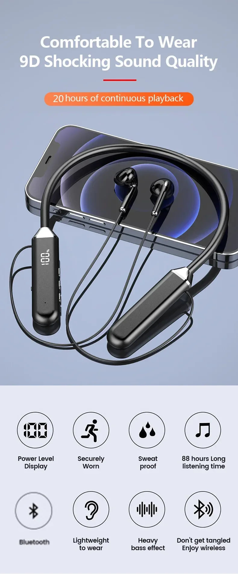 Neckband wireless connection compatible 5.2 LED headphones High sound quality stereo power display Magnetic Bluetooth earphones