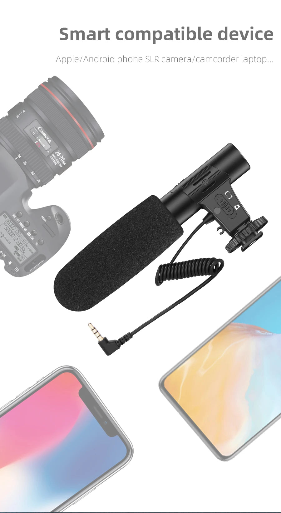 MAMEN Video Recording Microphone with Long Spring Cable Plug and Play for Phone SLR Camera for Vlog Interview Podcast Microfone