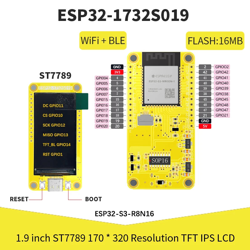 ESP32-S3 HMI  8M PSRAM 16M Flash Arduino LVGL WIFI&Bluetooth 1.9 "  170*320  Smart Display Screen 1.9 inch IPS LCD TFT Module