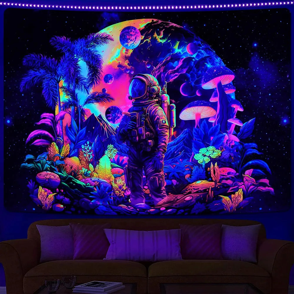 Neon Blacklight Tapestry UV Reactiv Alien DJ Tapestry Glow In The Dark Bohemian Elegance for Artful Wall Hanging and Home Décor