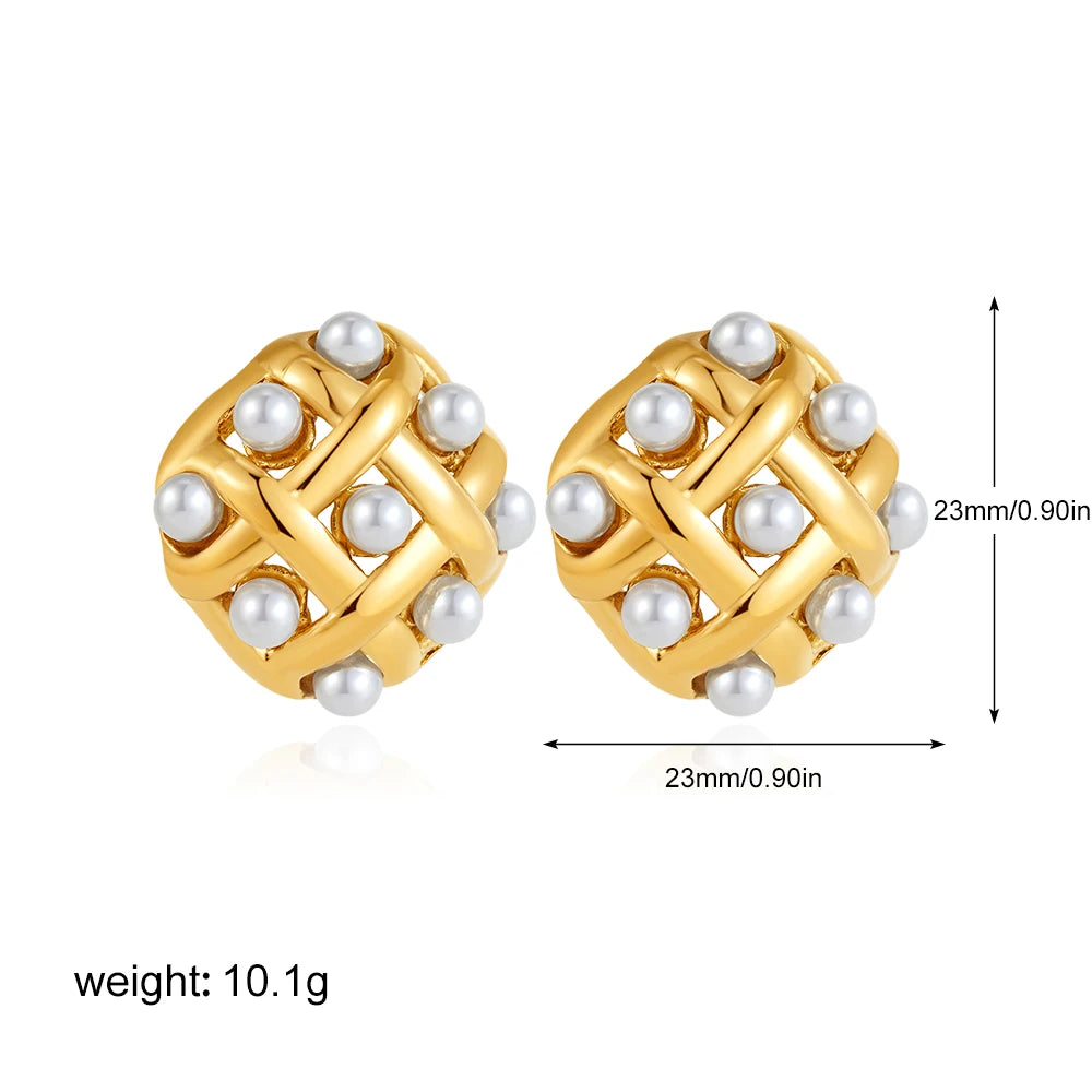 Fashion Stainless Steel Pearl Earrings for Women Texture Geometric Irregular Round Metal Stud Earring Trendy Jewelry Gift