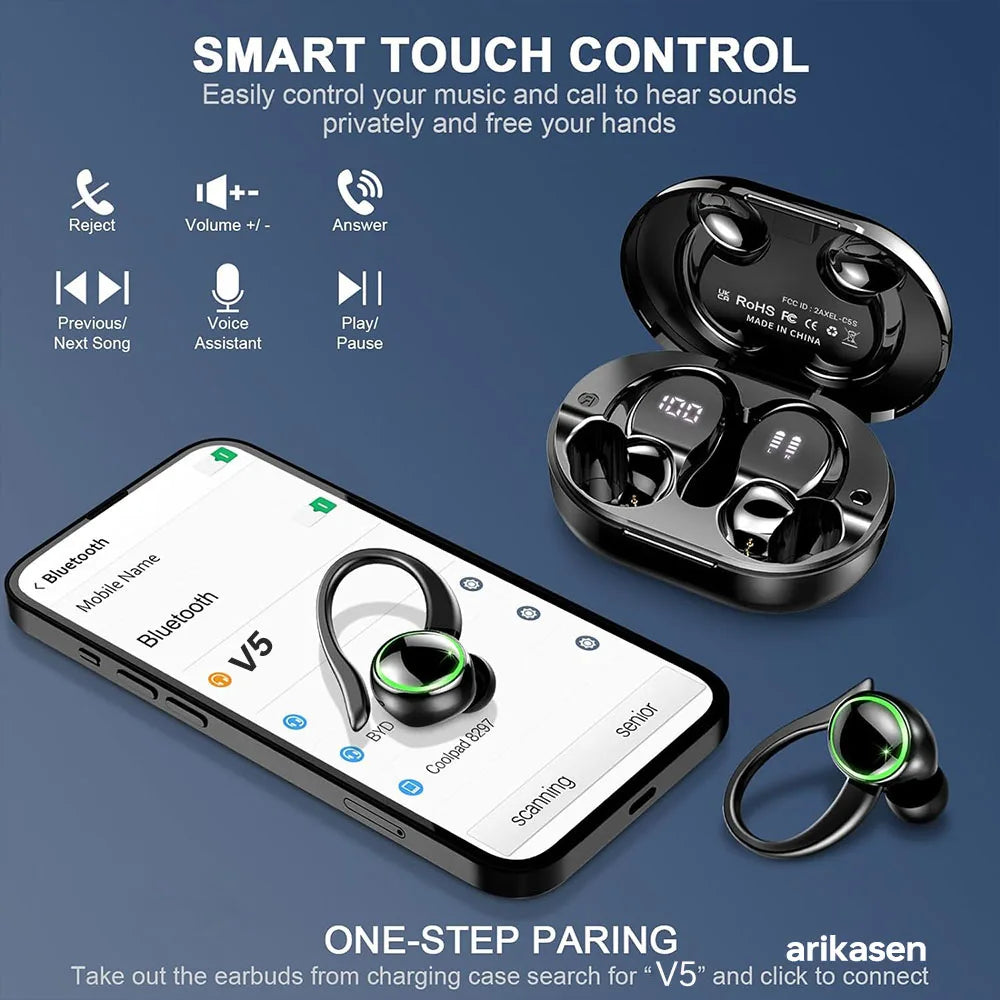 Headphones Bluetooth 5.3 Wireless Bass Stereo Over Ear Earbuds ENC Noise Cancelling Mic with Earhooks 48H Playback LED Display