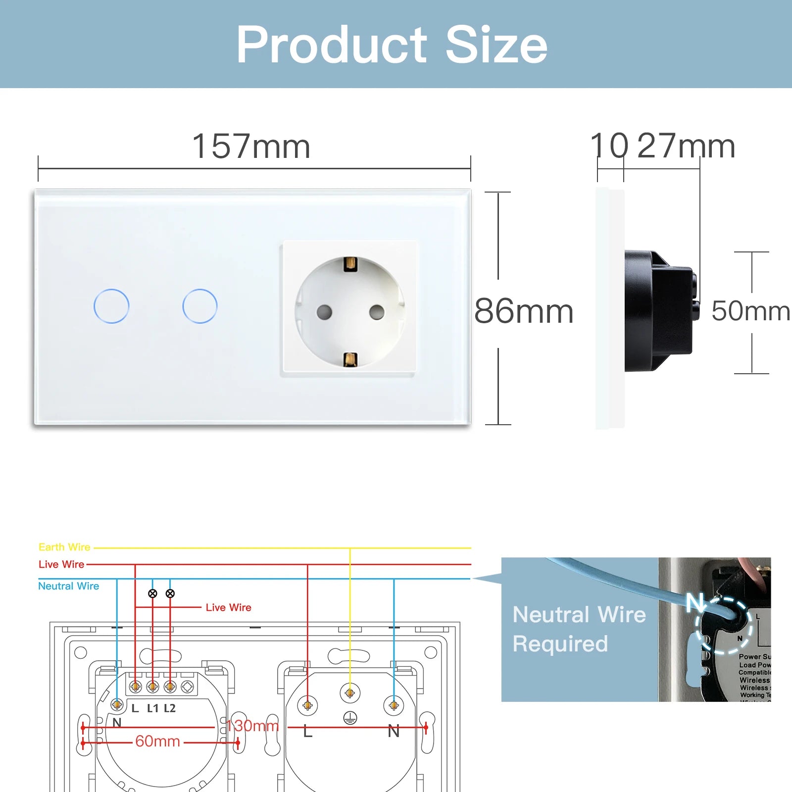 BSEED Wifi Touch Swithces Wall Light Switch With EU Socket USB Type-C Plugs Tuya Smart Life Alexa Yandex App Control Glass Panel