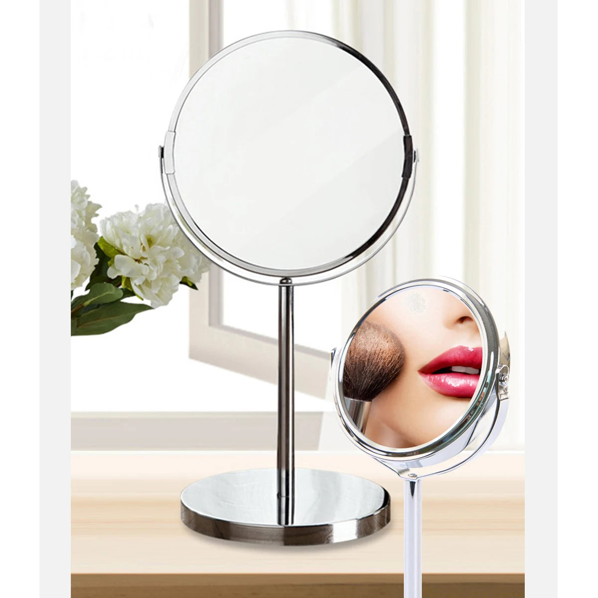 1pc Large Silver Makeup Mirror, Clear Double Sided Tabletop Beauty Mirror, Metal Silver Magnifying Cosmetic Mirror, 360° Rotatio