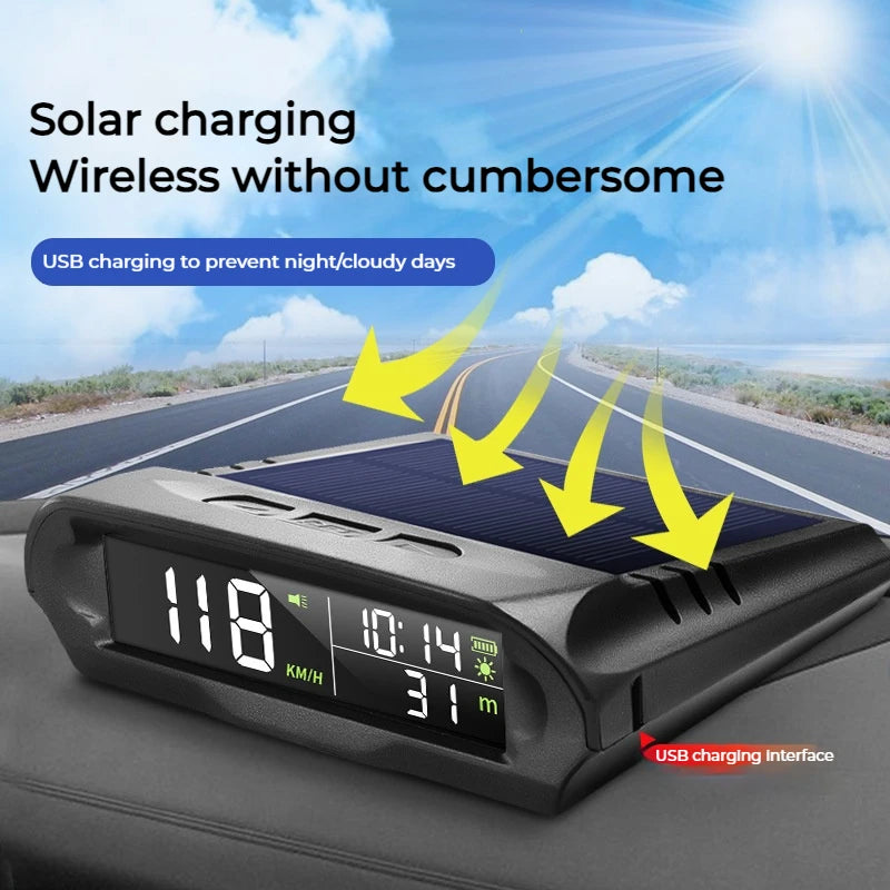 Auto GPS Speedometer With Solar Charging Car HUD Head up Display Car Smart Digital Alarm Reminder Meter Electronics Accessories