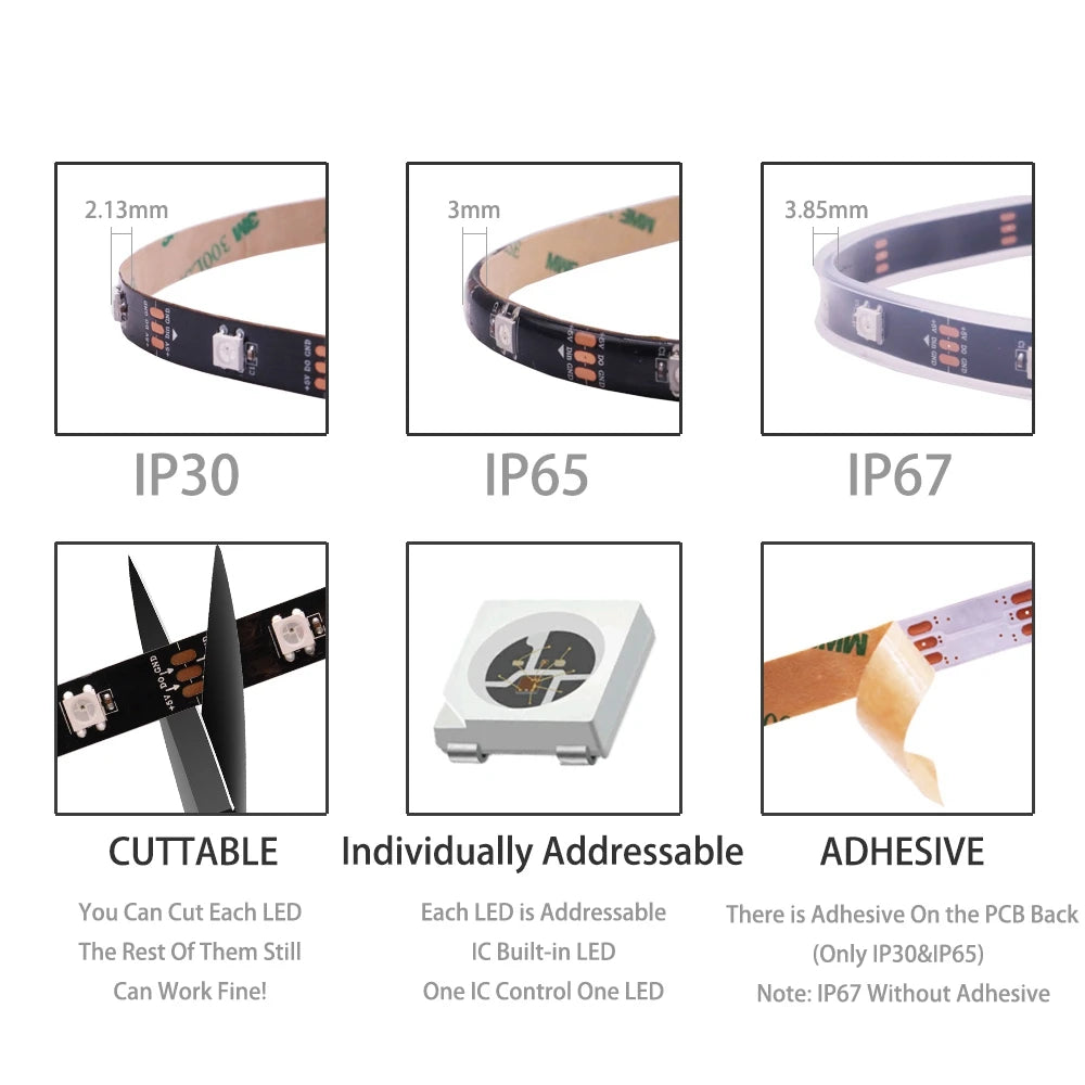 WS2812B RGB LED Strip WS2812 5050 Individually Addressable Smart Lights 30/60/74/96/144/Leds/Pixels White Black PCB DC5V