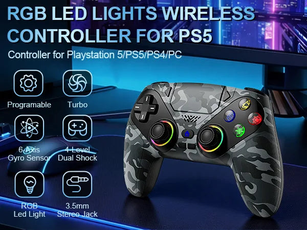 Wireless RGB Light Gamepad For Playstation 5 Controller Console Gaming Controller With Turbo Dual Sense Vibrate Programming