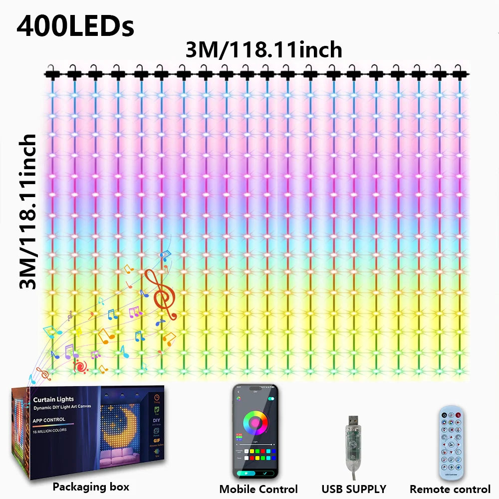 Smart LED Curtain Light APP Control RGB Dimmable DIY Pattern Music Valentine's Day Lighting for Home Holiday Party Decor