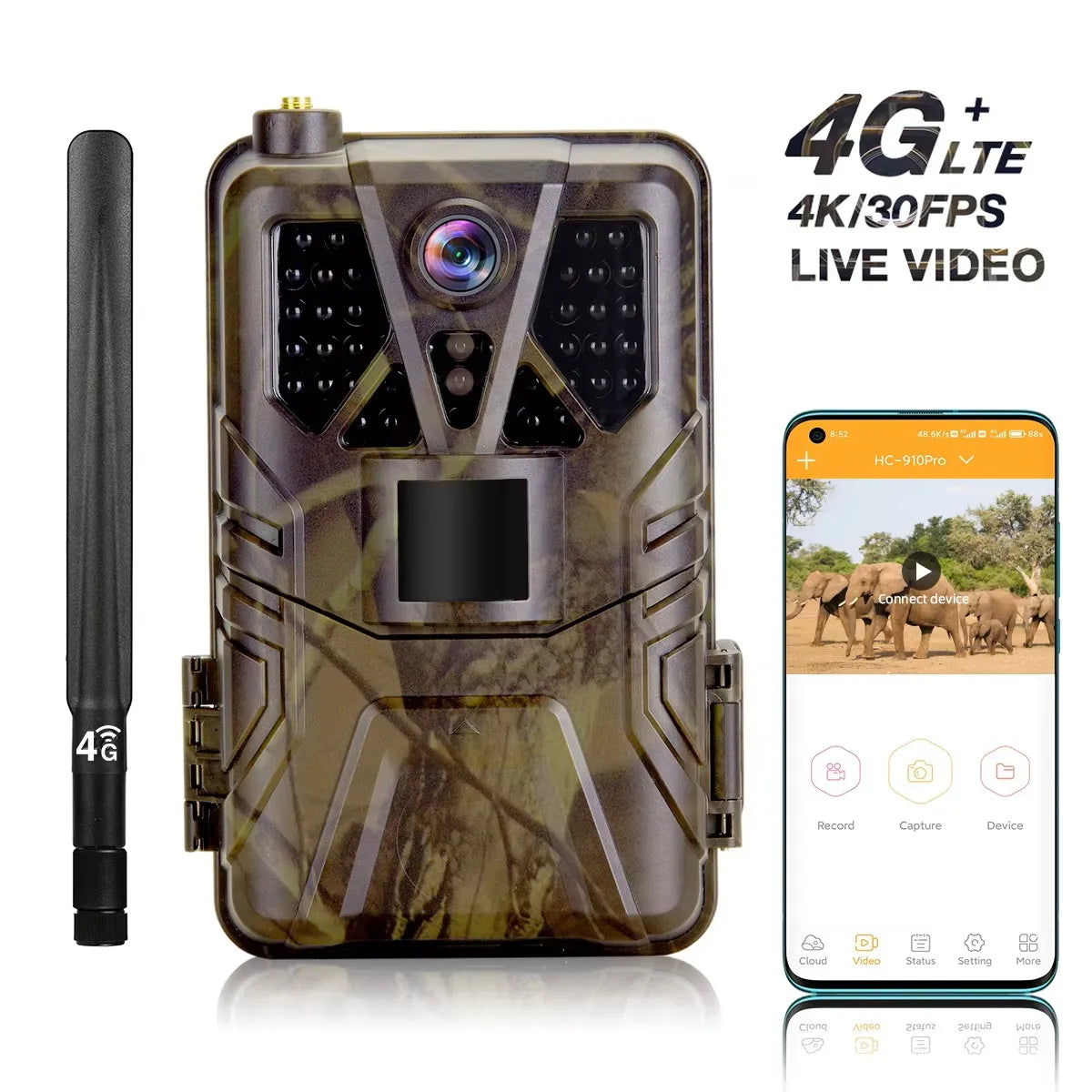 4K 30fps Trail Camera with APP Control Cloud Service 4G 30MP Live Stream Night Vision Wild Hunting Photo Trap HC910PRO