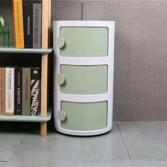 Plastic Round Nightstand Bedside Table Cabinet with Sliding Doors Round Storage Bedside Cabinet Nightstand  for Living Bedroom