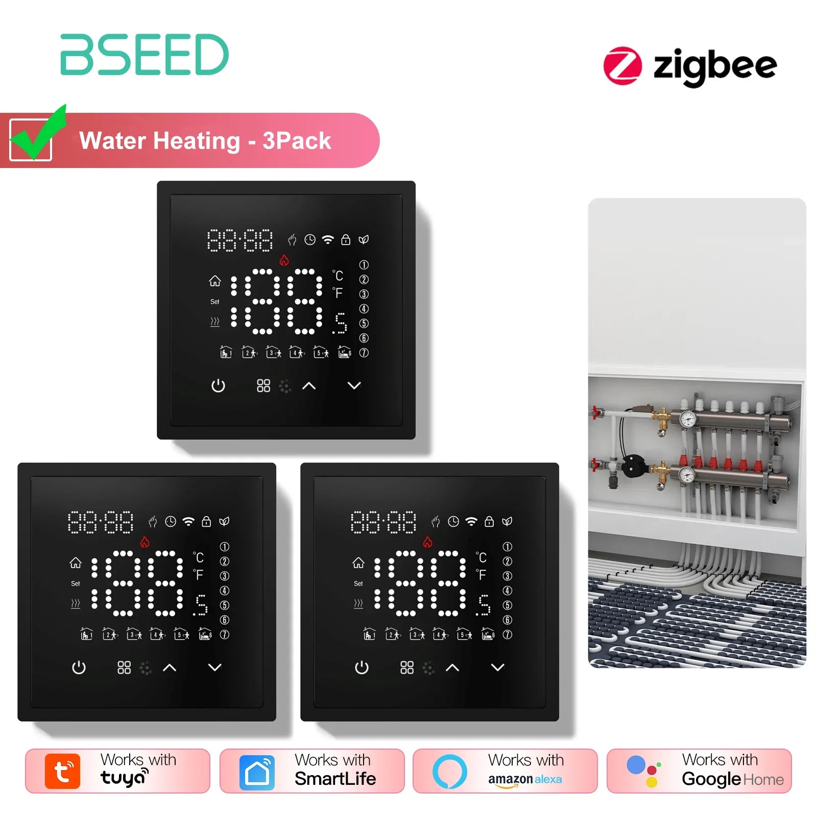 BSEED Zigbee Electric /Water/Gas Boiler Floor Heating Touch Sensor Smart Thermostats Tuya Smart Life Alexa Control Plastic Frame