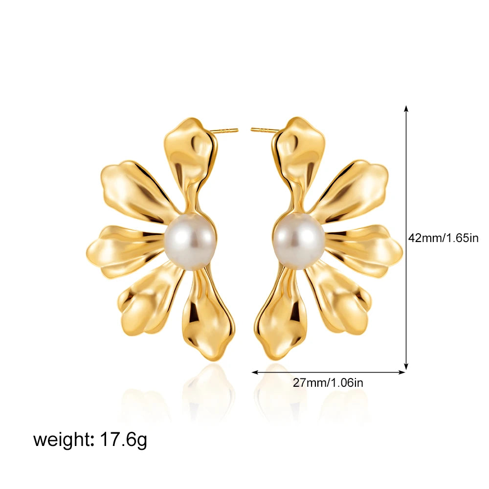Fashion Stainless Steel Pearl Earrings for Women Texture Geometric Irregular Round Metal Stud Earring Trendy Jewelry Gift