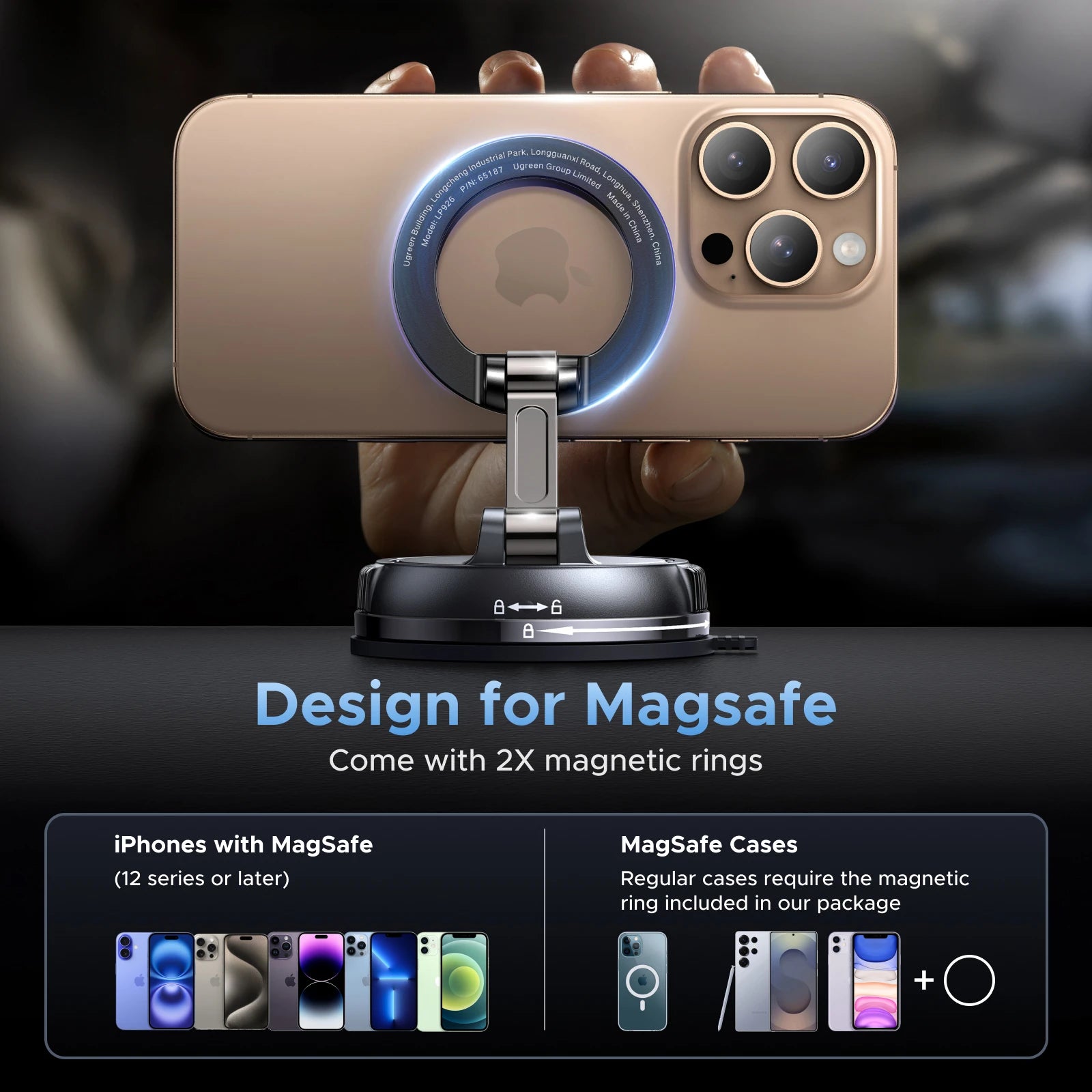 UGREEN Magnetic Car Phone Holder Dashboard Suction Cup 360°Rotatable Car Mount For Magsafe iPhone 16 15 14 ProMax Xiaomi Samsung