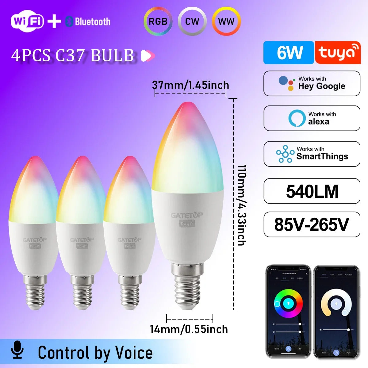 1-10PCS LED Candle Tuya Bulb WiFi E14 Smart RGB CW AC 85-265V 6W LED Lamp C37 Bulbs App Voice Control Support Alexa Google Home