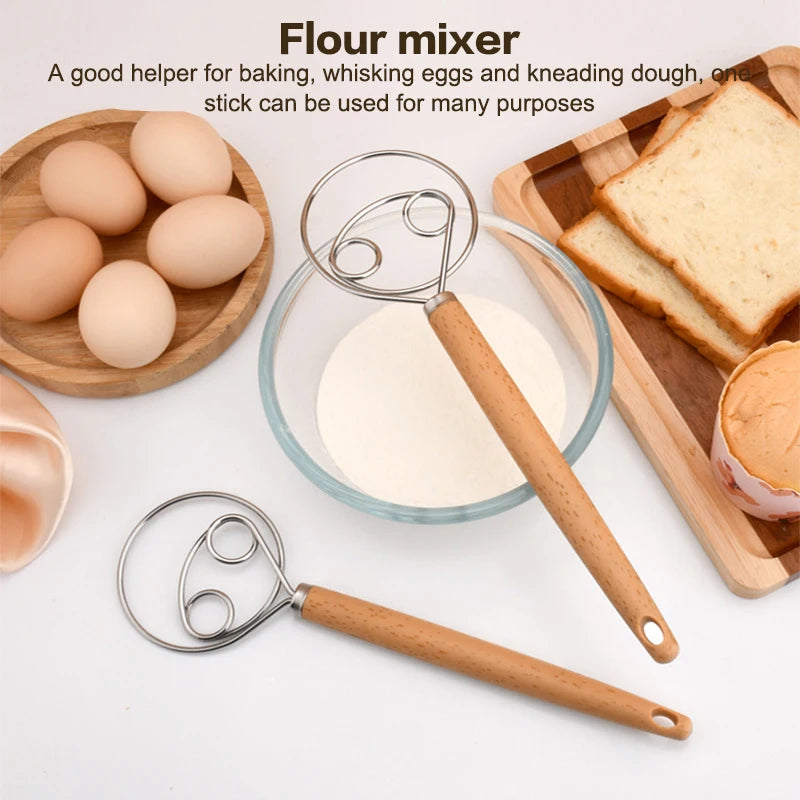 10 Inch Creative Hand Blender DIY Danish Bread Stainless Steel Bakeware Dough Whisk Egg Beater Mixer Tool Wood Handle