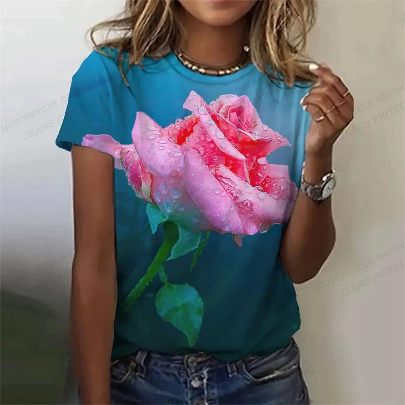 Golden Rose 3d Printed Tshirt Pretty Women's Clothing Female Harajuku Floral Print Tops Tees Ladies O-Neck Short Sleeve T Shirt