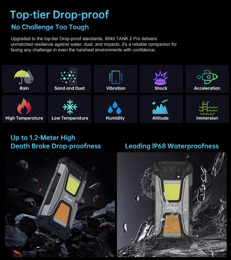 Unihertz Tank 2 PRO 8849 Rugged Smartphone with Projector 2.4K 23800 mAh 24GB+512GB Mobile Phone Android 14 100MP NFC Cell Phone