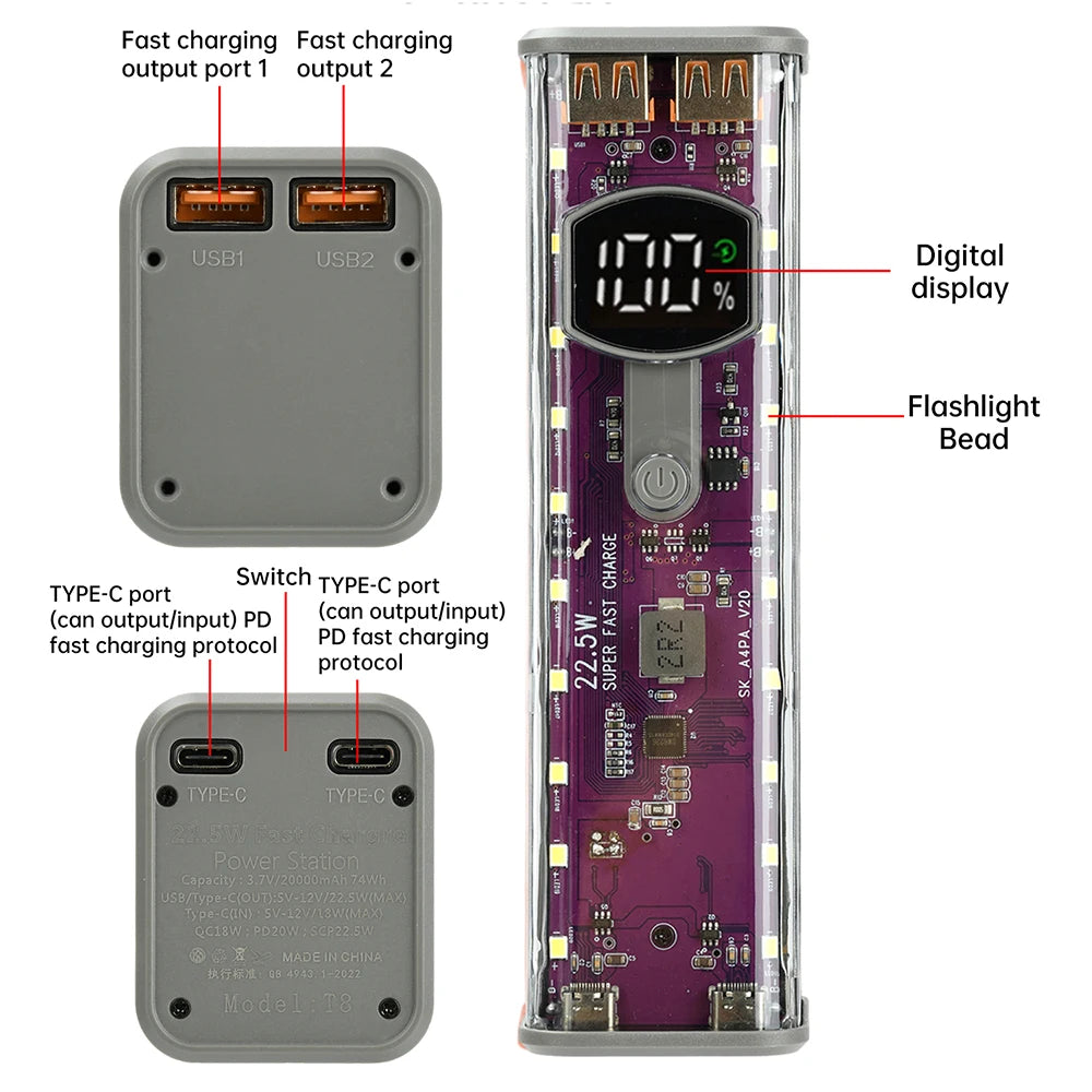 8*18650 Power Bank Battery Case 22.5W PD 45W Fast Charging Battery Storage Box Welding Free USB+Type-C Port