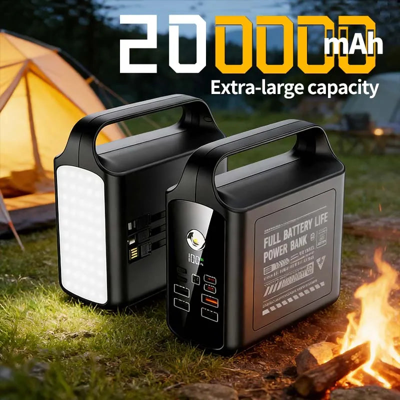 200000mAh Power Bank Large Capacity Portable Outdoor Emergency Power Supply Built-in cable Camping Iight For iPhone Xiaomi