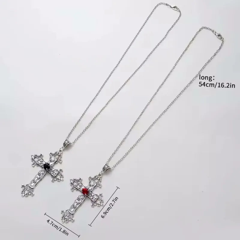 Y2K Punk Crystal Big Cross Pendant Necklaces for Women Men Gothic Irregular Cross Clavicle Chain Necklaces Aesthetic Jewelry