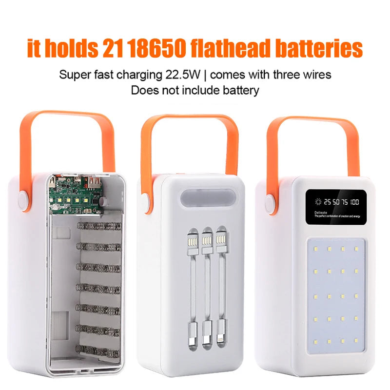 DIY Power Bank Case 18650x21 PD QC4.0 3.0 22.5W Fast Charge Battery Storage Box with Micro Type-c Charging Cable Camping Light