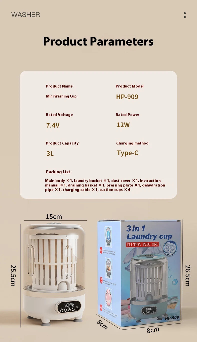 Mini turbo washing machine 3L fully automatic small USB charging portable sock and underwear specific washing machine.