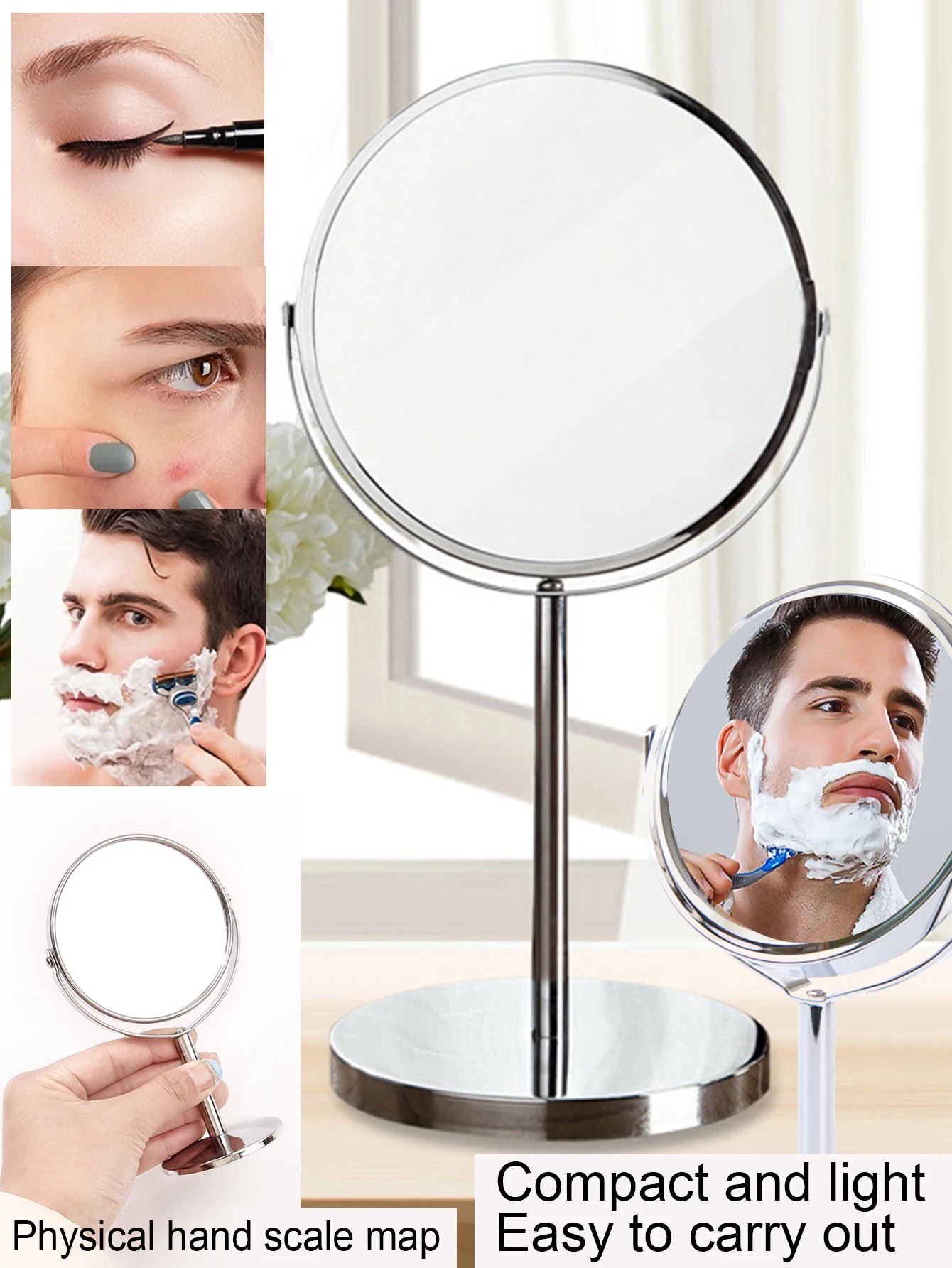 1pc Large Silver Makeup Mirror, Clear Double Sided Tabletop Beauty Mirror, Metal Silver Magnifying Cosmetic Mirror, 360° Rotatio