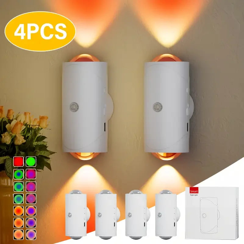 4PCS Smart LED Night Light with Motion Sensor USB Rechargeable RGB Gradient Ambient Lamp for Bedroom Desk Closet Decor Wall Lamp