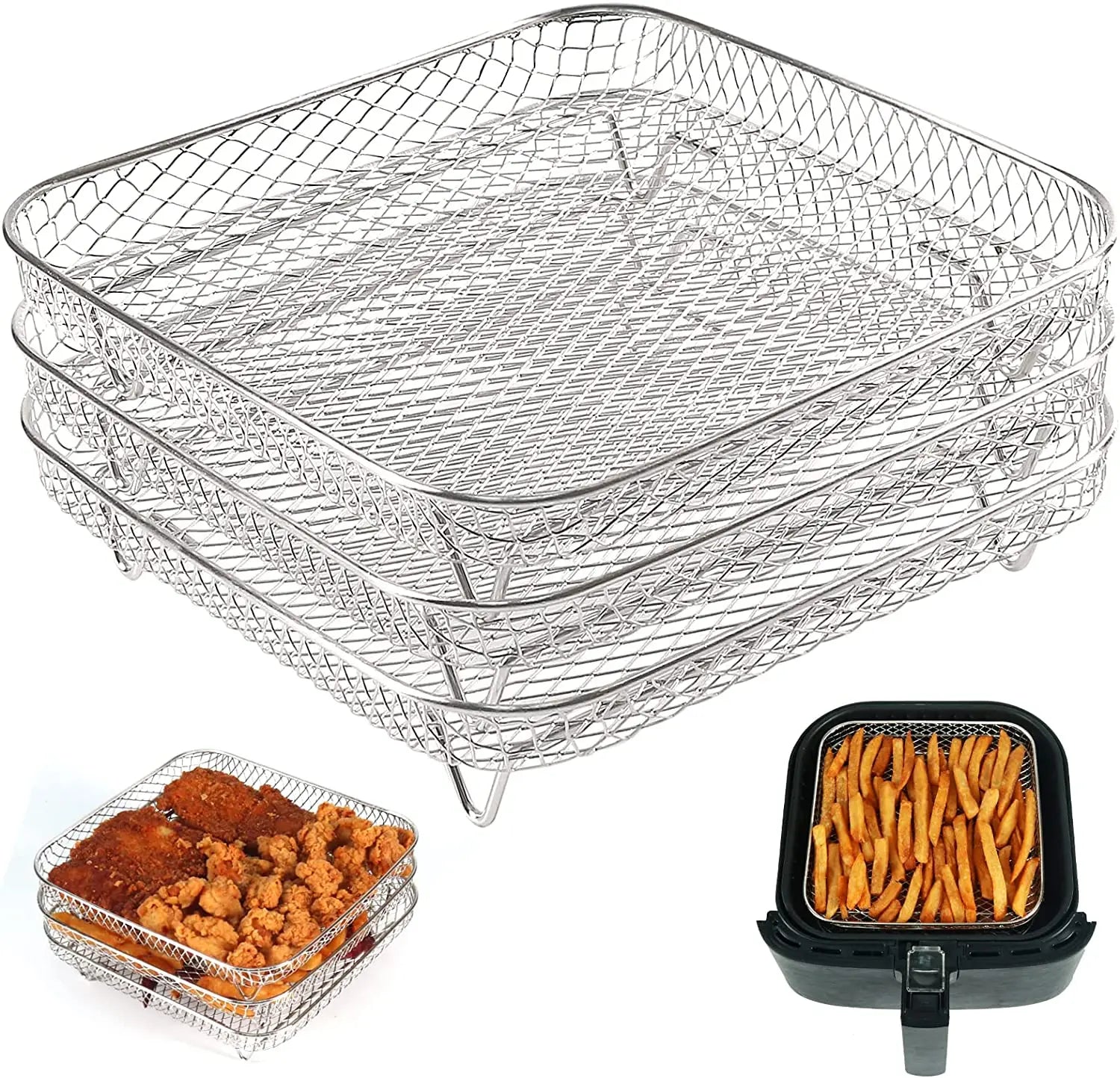 3-layers Air Fryer Rack Stackable Grid Grilling Rack Stainless Steel Anti-corrosion for Home Kitchen Oven Steamer Cooker Gadgets