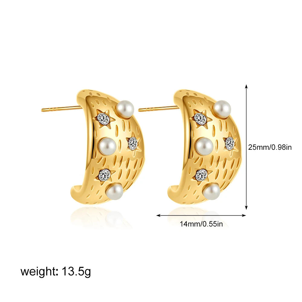 Fashion Stainless Steel Pearl Earrings for Women Texture Geometric Irregular Round Metal Stud Earring Trendy Jewelry Gift
