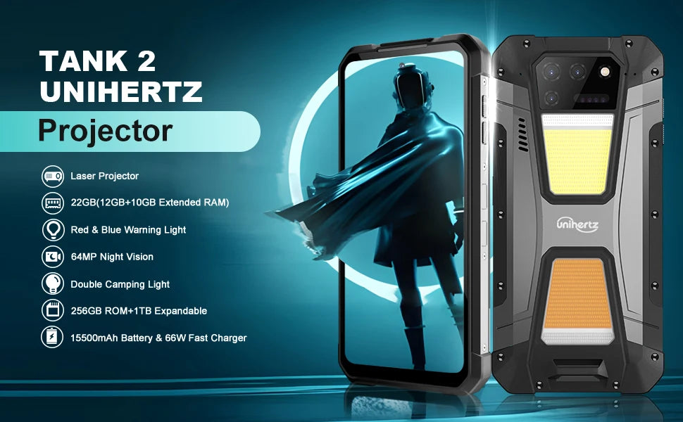 Unihertz TANK 2 Projector phone 22GB 256/512GB 32MP 108MP 64MP Night Vision Double Camping Light 15500mAh G99 Support TF SD NFC
