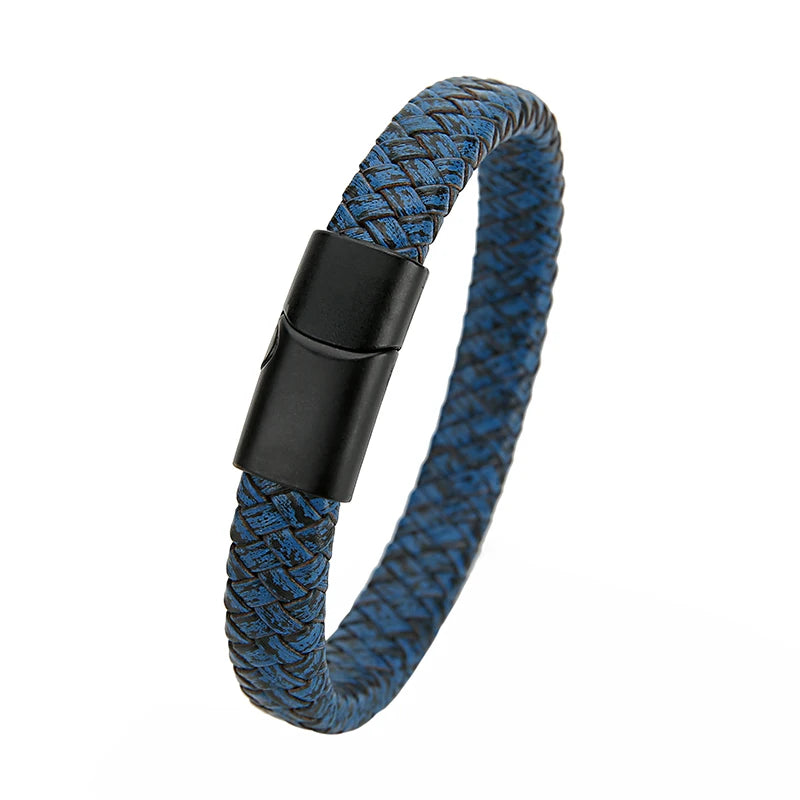 Mibrow Braided Black Leather Men Bracelet 10x5 12x6mm Size Fashion Metal Magnetic Clasp Wrap Bracelets Punk Charm Men Jewelry