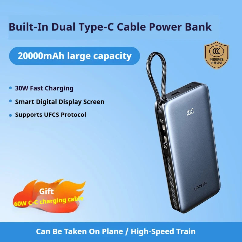 UGREEN 20000mAh Power Bank With Built in Cables 145W Fast Charge Mobile Power Bank iPhone17 Laptop Notebook Customized Charger