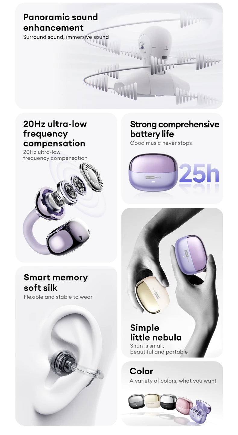 Lenovo LE302 HIFI Stereo Sports Ear Clip Earphones OWS Bluetooth 6.0 Headset Noise Cancelling Headphones Long Endurance Earbuds