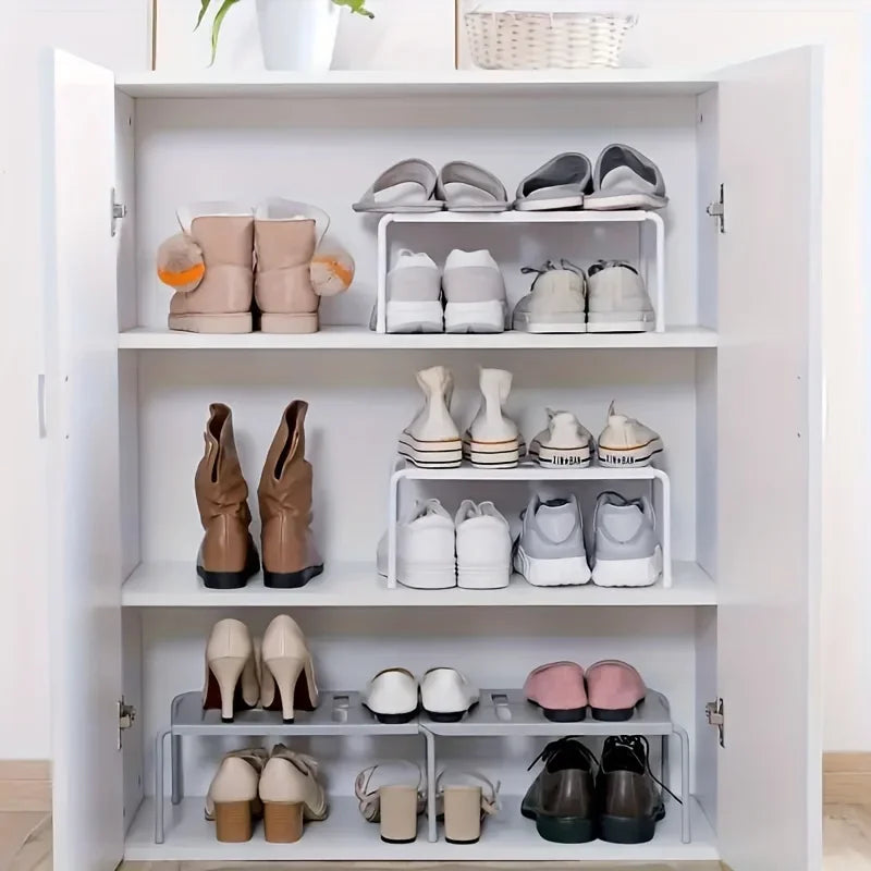 Adjustable Plastic Shoe Rack Multi-Tier Storage Organizer Space Saving for Sneakers Slippers Home Dorm Closet White Gray Modern