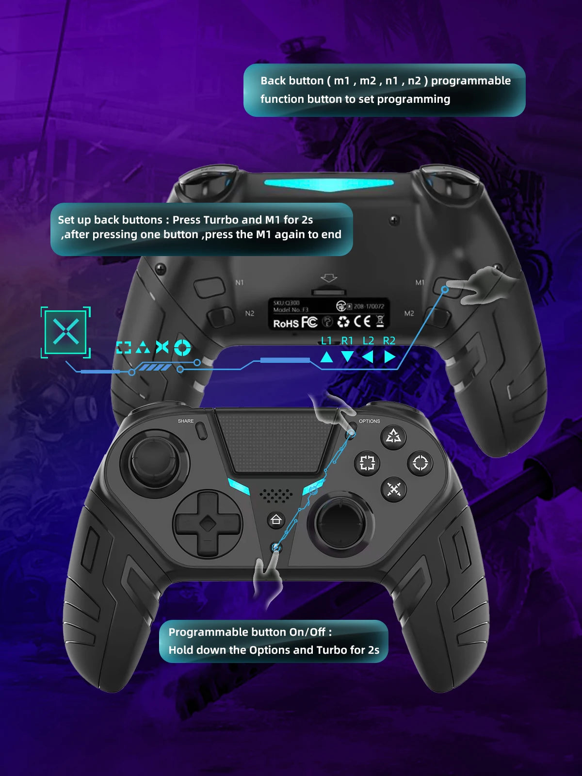 GAMINJA Wireless Controller Dual Vibration Bluetooth Gamepad With Programmable Turbo Function For PS4 Console PC Joystick