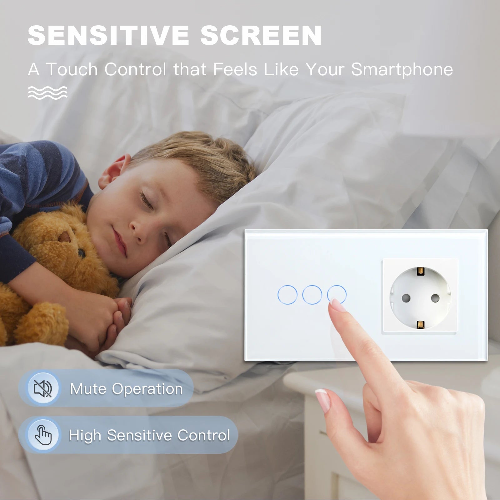 BSEED Touch Light Switch With EU Power Wall Sockets White Wall Led Switches 1/2/3Gang 1Way Crystal Glass Panel Dark Backlight