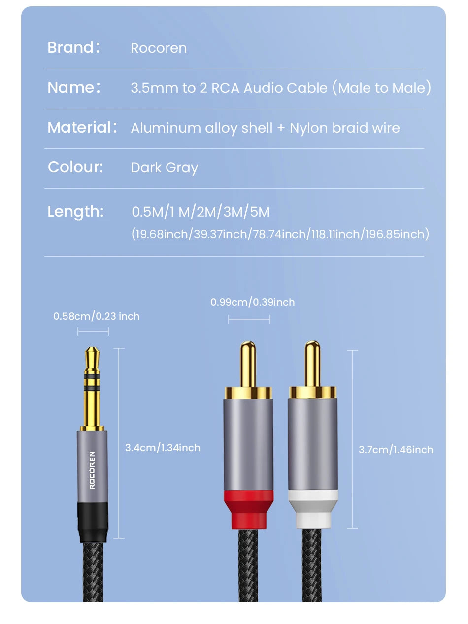 Rocoren RCA Cable 3.5mm to 2RCA Splitter 3.5 Jack to 2 RCA Male Audio Wire for Amplifiers HiFi Stereo Home Theater Speaker Cord