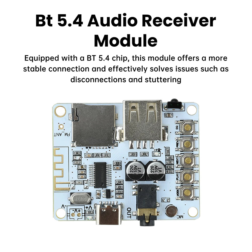 Bluetooth 5.4 Audio Receiver Board with USB/TF Playback Lossless Decoding AAC MP3 WAV FLAC APE for Car AUX DIY Power Supply