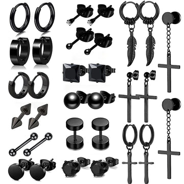 1/16 pairs Black Punk Stainless Steel Women Men Hoop Earrings Small Trendy Round Cross Pendants Jewelry Accessories Earrings
