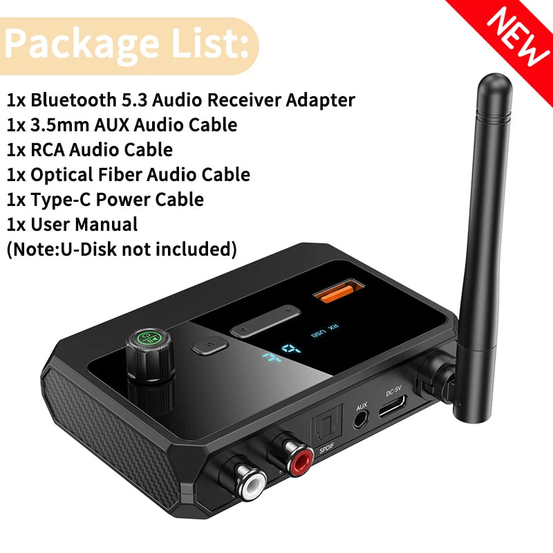 Bluetooth 5.3 Audio Receiver Support USB U-Disk Play Wireless Adapter R/L 2 RCA/3.5MM AUX/Optical Fiber Jack For Car Kit Speaker