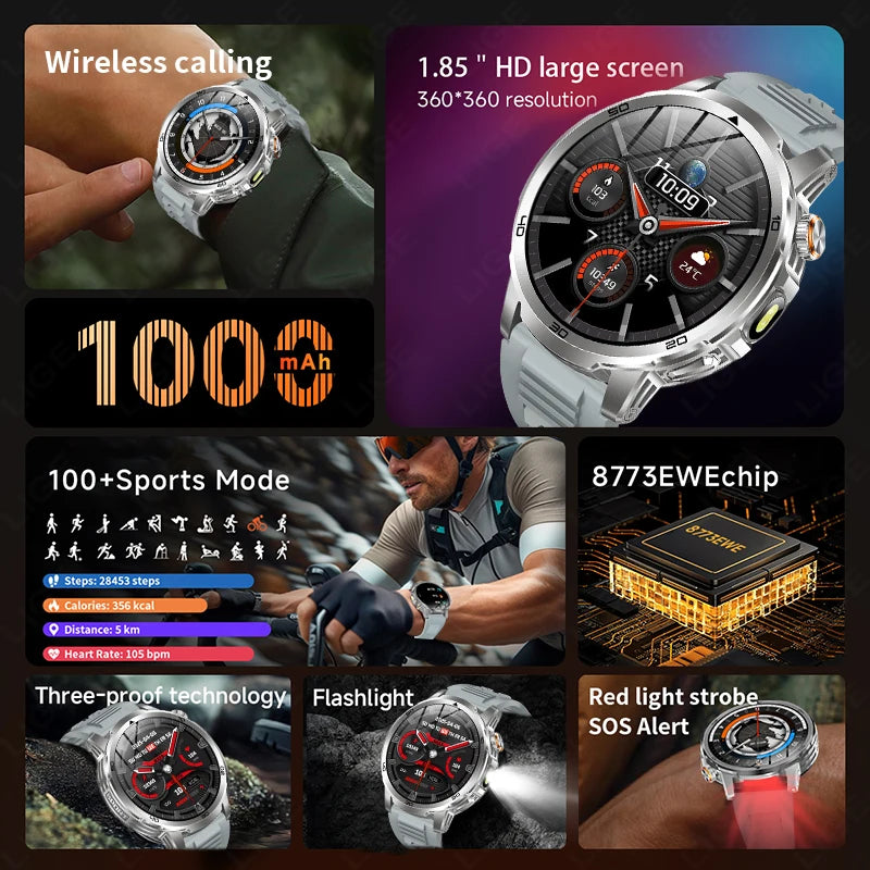 LIGE Military Grade 1000mAh Battery Smart Watch Men Flashlight SOS Red Light Sports Watches Waterproof Bluetooth Call Smartwatch