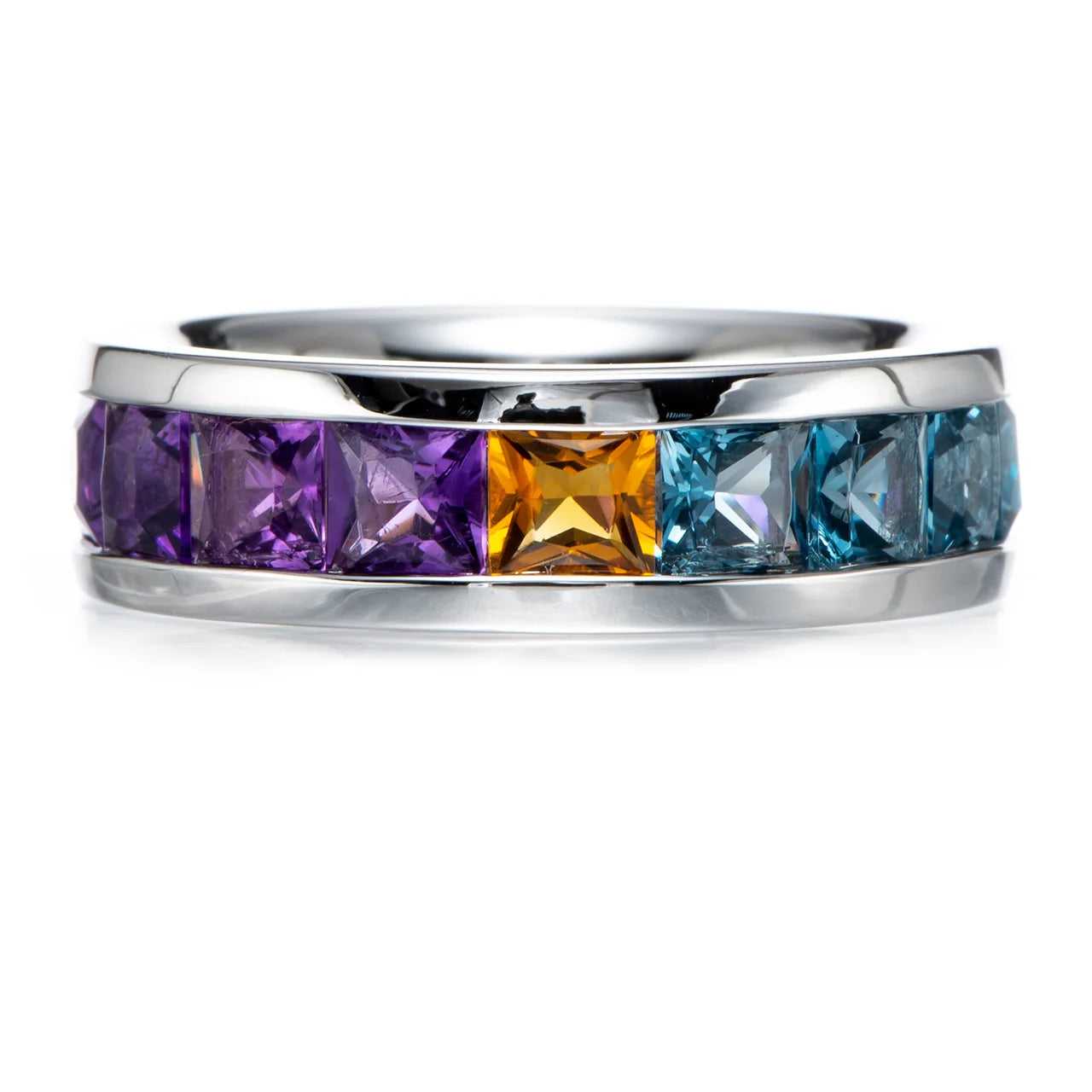 Boseok Amethyst,Citrine,London Blue Topaz Rhodium Over Sterling Silver Ring