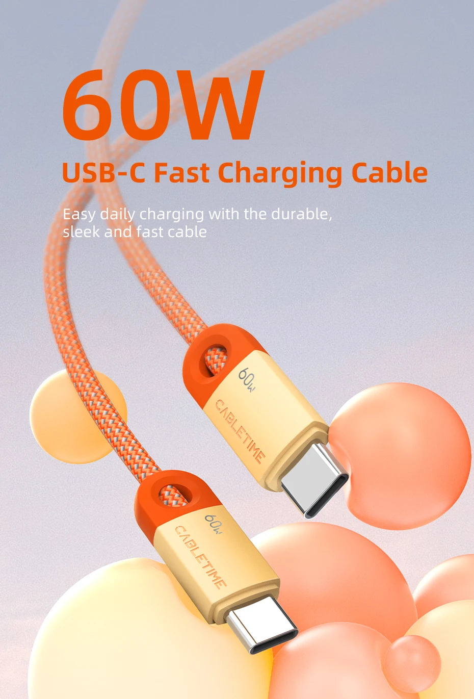 CABLETIME USB C to USB C Cable 60W 480Mbps Fast Charging Cable 3A Braided Type C to Type C Cable for Moble Phone Laptop HUAWEI